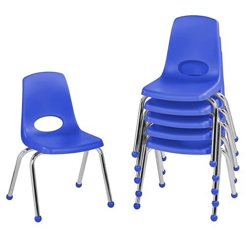 FDP 14" School Stack Chair, Stacking Student Seat with Chromed Steel Legs and Ball Glides; For In-Home Learning or Classroom - Blue (6-Pack), 10363-BL