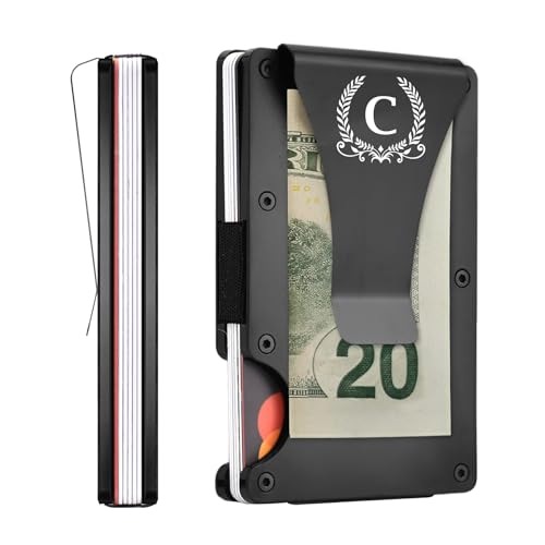 ELEGANTPARK Metal Wallet for Men Initial Monogrammed Gifts for Wedding Birthday Slim Minimalist Money Clip for Men RFID Blocking Engraved Metal Wallets with Money Clip Card Holder Letter C