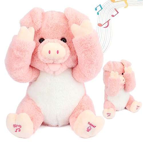 Cuteoy Peek A Boo Pig Plush Toy Interactive Electric Stuffed Animal Repeats What You Say Singing Talking Musical Plushies Gifts for Christmas Birthday 11''