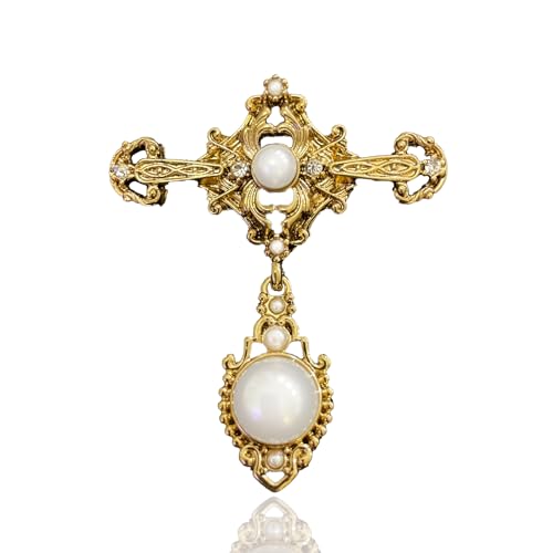 Meralando Gold Vintage Pearl Brooch for Women Girls Retro Accessories Elegant Baroque Pin Dress Coat Sweater Suit Party Wedding Gifts Victorian Brooch Pin Bridal Jewelry Cross Brooch