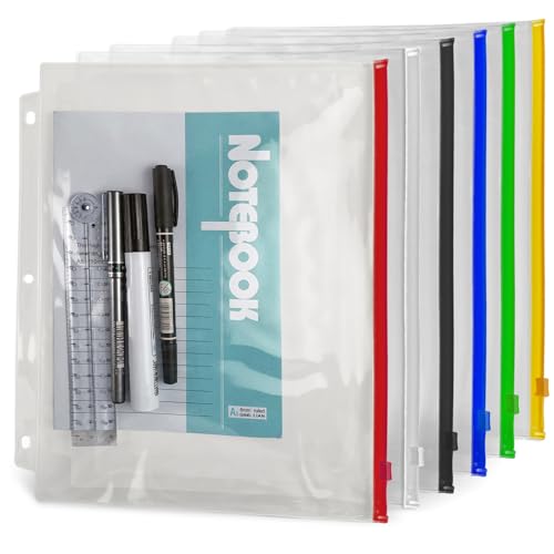 Binditek 40 Pack Plastic Zippered Binder Pockets, 3-Hole Punched for 3 Ring Binder, Clear PVC with Multicolor Zippers, Waterproof Loose Leaf Bag Pouch for Document Filing and Storage