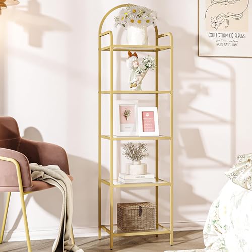 Hzuaneri Bookcase Bookshelf, Tempered Glass Bookshelves, Slim Shelving Unit for Bedroom, Bathroom, Home Office, Steel Frame, 5 Tier Gold BC05001G