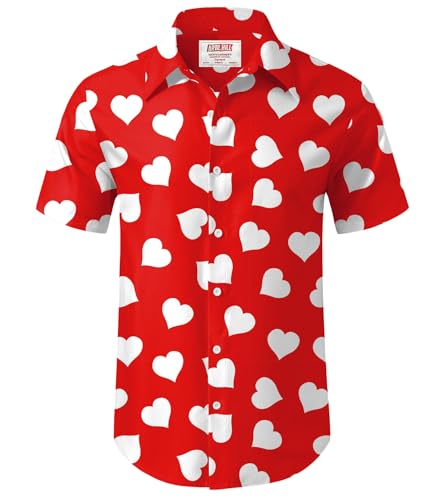 Men's Valentines Shirt Red Heart Short Sleeve Button Shirt Date Night Classic Love Printed Dress Shirt L