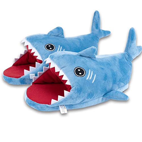 BelugaDesign Shark Slippers | Cute Kawaii Anime Animal Indoor House Plush Poofy Winter Christmas Shoes | Blue Red Women Medium