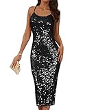 Sleeveless Sequin Dress for Women Sexy Midi Bodycon Cocktail Dress Fitted Slit Long Sparkly Wedding Guest Black M
