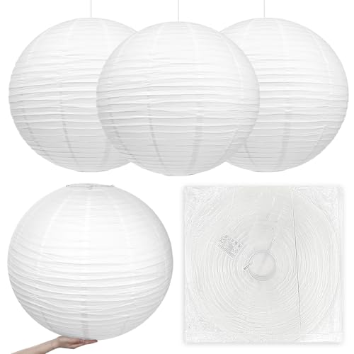 Woanger 4 Pack 30 Inch Large Paper Lantern Shade Jumbo White Chinese Round Hanging Japanese Paper Lantern Lamp for Home Wedding Party Ceiling Decoration