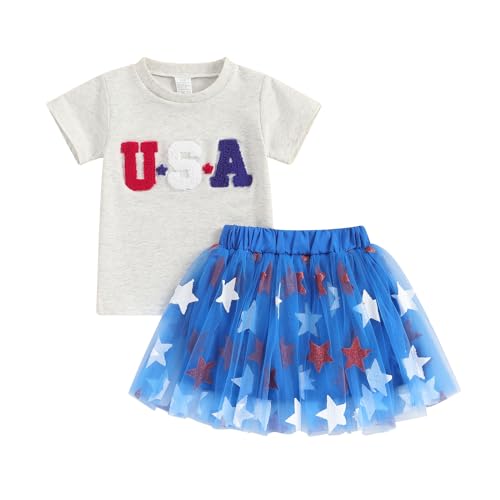 Socutebabe Toddler 4th Of July Outfit Baby Girl USA T-Shirt And Tulle Skirts Little Girls Dress Fourth Of July Clothes (USA Stars Blue, 2-3T)