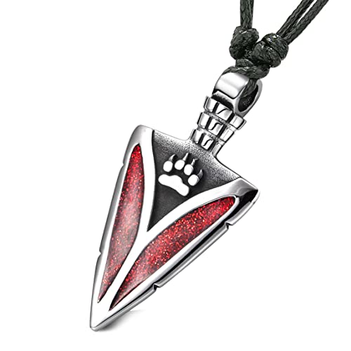 Magic Human Wolf Viking Norse Necklace - Sparkling Royal Red Crystal Arrowhead Paw Pendant - Stainless Steel Tooth Amulet for Courage and Protection - Jewelry for Men and Women - 24" Adjustable Cord