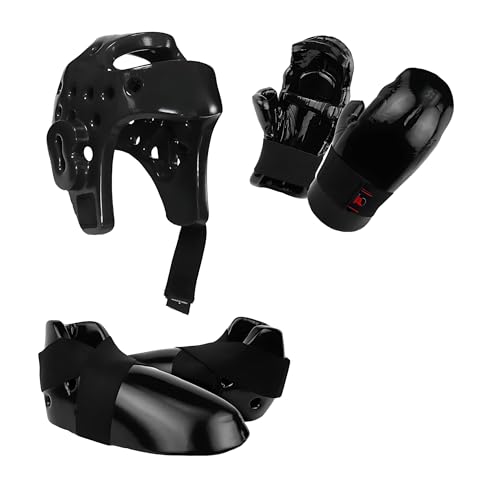 Martial Arts Karate Protective Sparring Gear Package Deal - Adjustable Adults & Kids Headgear, Gloves & Kicks for MMA, Taekwondo, Boxing Training (Black, Medium)