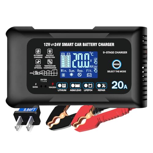 YHCHKJ Battery Charger 0-20A 12V/24V Lithium LiFePO4 Lead Acid Fully Automatic Maintainer, Smart Car Battery Charger,Trickle Charger w/Pulse Repair for Trucks,Boats,Motorcycles,Deep Cycle Batteries