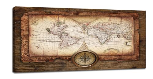 Large World Map Wall Art Vintage Map Pictures Wall Decor for Office Abstract Retro Map Canvas Painting Rustic Extra Large World Map Framed Artwork for Bedroom Living Room Ready to Hang 30"x60"
