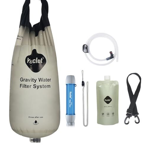 Yuclet Gravity Water Filter System w/ 2-Gal Bag & 0.1-Micron Water Filter Straw, Gravity-Fed Water Filtration System Water Purifier Survival for Camping, Backpacking, Hiking & Emergency Preparedness