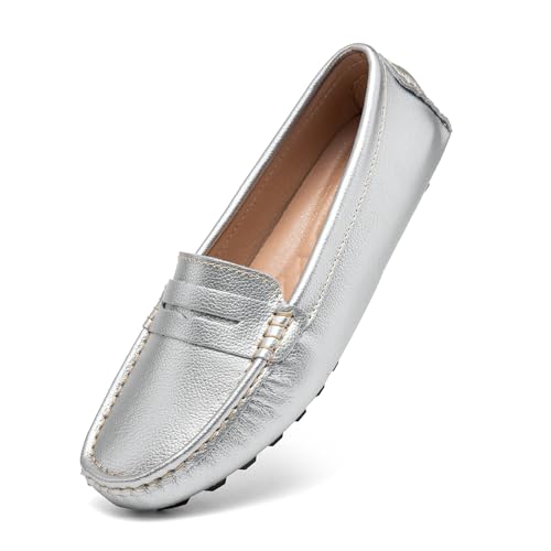 BEAUSEEN Women's Genuine Leather Penny Loafers Classic Driving Moccasins Casual Slip On Comfort Women Loafer Shoes Silver,9 US