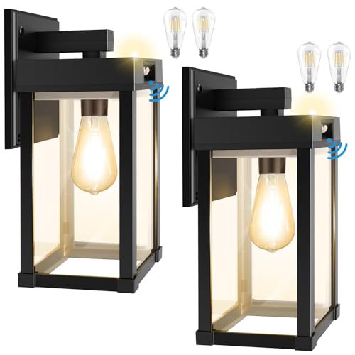 Solar Wall Lights Outdoor with 3 Lighting Modes & Motion Sensor, Solar Porch Light with 2 Bulbs, Waterproof Outdoor Wall Sconce Lantern Lamp Fixture for Garage Porch Shed Barn Yard Garden Front Door