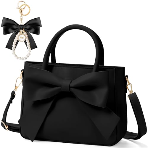 Abbylike Cute Purses for Women Leather Crossbody with Bow Charm Small Handbags with Adjustable Shoulder Strap(Black)