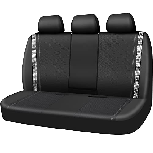 CAR PASS Bling Rhinestone&Leather Back Seat Cover, Waterproof Bench Rear Seat Cover Shining Diamond Universal Fit Automotive Glitter Crystal Sparkle Strips for Kid Women Girl, Silver Diamond