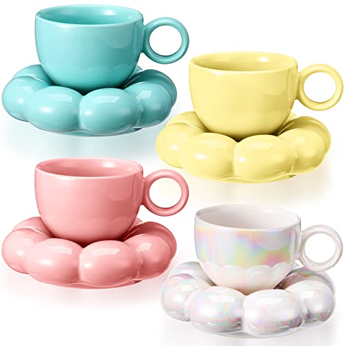 Sumind Ceramic Coffee Mug with Sunflower Coaster Ceramic Cloud Mug Creative Cute Cup Flower Cup Saucer Set Pearl White Yellow Blue Pink 6.5oz/ 200ml for Office Home Coffee Tea Latte Milk(4 Sets)