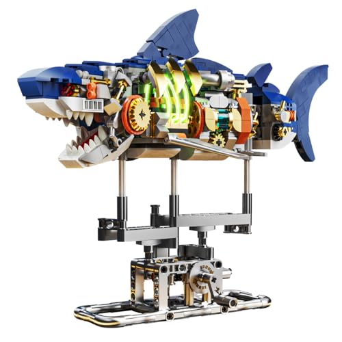 INSOON Mechanical Shark Building Set with LED Light, 687 PCS Movable Ocean Animal with Display Stand, Sea Fish Building Block Toy, Home Decor Gift for Adults Teens Kids Boys Ages 12+