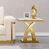 Faux Marble End Table Living Room Table Side Table, Modern Faux Marble Rectangular Conner Table with Faux Marble Top X Shape Stainless Steel Base for Bedroom Home Office