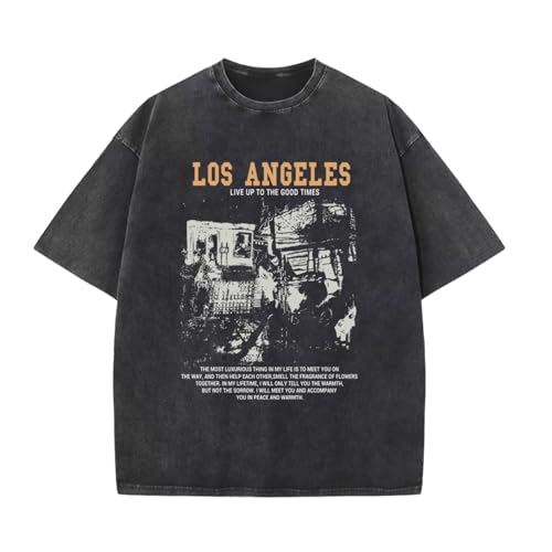 Pairxily Oversized Graphic Tshirts for Men Acid Wash Los Angeles Vintage Tees Streetwear Baggy Cotton Shirts Casual Tops(Black,S)