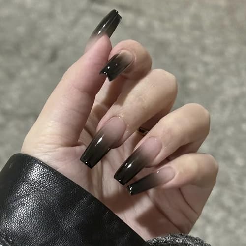 MISUD Press on Nails Long Coffin Fake Nails Glossy Glue on Nails Goth Black Ombre Acrylic Nails Ballerina Artificial Nails Gothic Gradient Stick on False Nails with Design 24 pcs