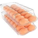 theaoo Egg Holder for Fridge, Automatic Rolling Egg Container for Refrigerator, Clear Plastic Egg Dispenser, Stackable Eggs Organizer with Quick Removable inner Tray For Organizers and Storage, 2Pack