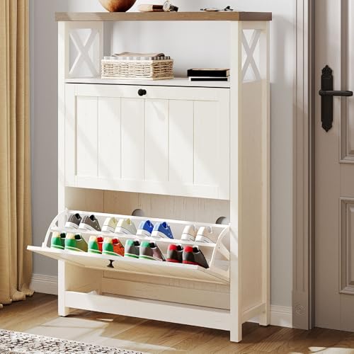 YITAHOME Shoe Cabinet with 2 Flip Drawers, Entryway Shoe Storage Cabinet with Open Shelves, Free Standing Hidden Shoe Rack Storage Organizer for Entryway/Hallway/Closet, Beige