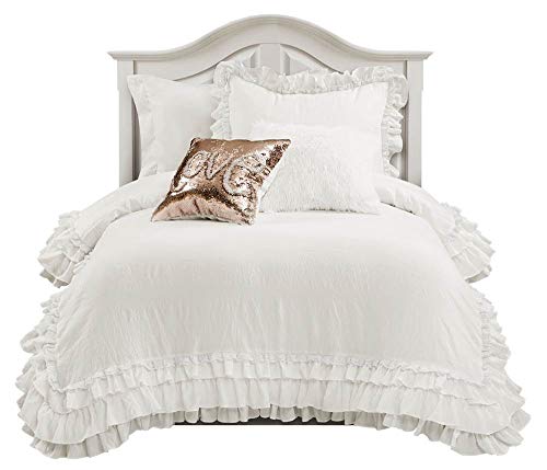 Lush Decor Ella Ruffle Lace Comforter, 2 Piece Set, Twin, Ivory - Cute Comforter - Twin Bedding Set - White Bedding - Coquette Decor - White Lace Trim - Ruffle Trim