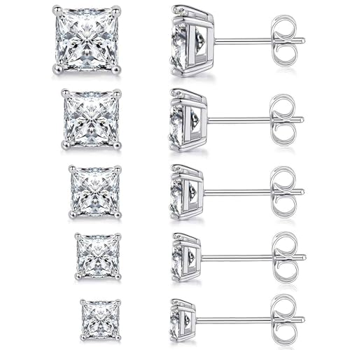 5 Pairs 316L Square Stud Earrings Set, Hypoallergenic Cubic Zirconia White Gold Plated Surgical Stainless Steel Princess Cut CZ Stud Earring for Women and Men 3-7mm