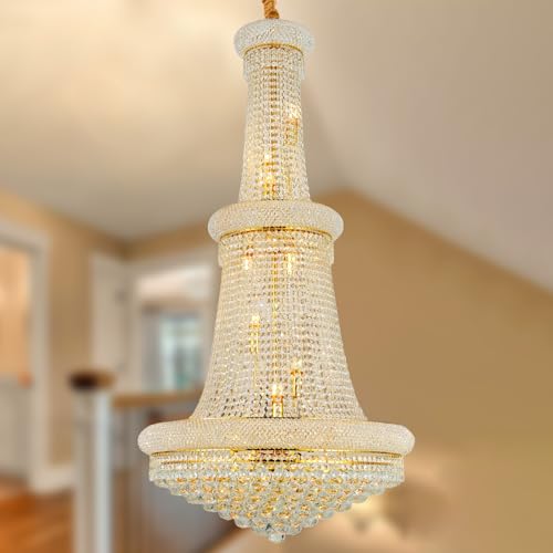 BEIRIO 18-Lights 3 Layers Large Golden Classic Empire Style K9 Crystal Ball Chandelier Decorative Light Fixture for High Ceiling Living Room Foyer Stair Entryway (D27.6 * H59 inches)