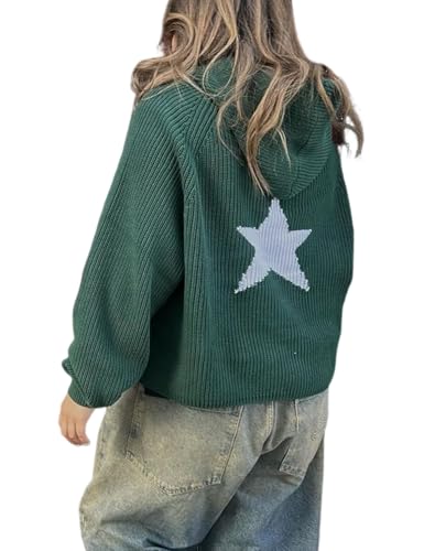 Yimoon Women’s Star Hoodies Y2k Sweater Oversized Graphic Aesthetic 90s Sweatshirt Knit Crewneck Long Sleeve Vintage Pullover Tops (Green-M)