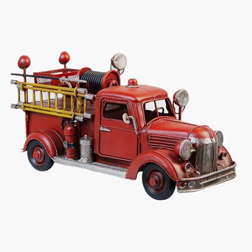 PARSAHO Collectible-Vehicles Vintage Diecast Truck Model Retro Metal Mack Fire Truck Engine Miniature Vehicles Fire Fighting Truck Decor Home Antique Truck Decor Automotive Decor