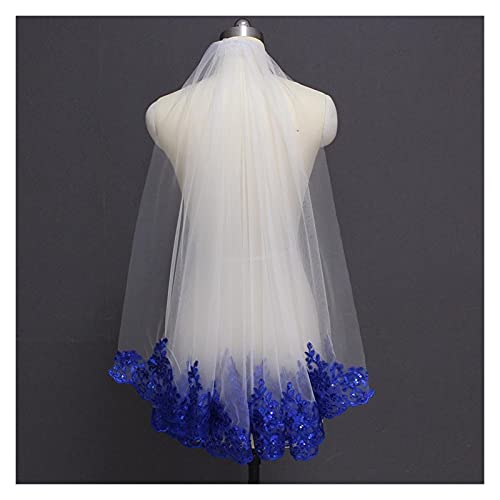 DEPILA Royal Blue Sequined Lace White Ivory Bridal Veil One Layer Short Shine Wedding Veil with Comb Headband Veils (Color : White, Size : 75 cm)