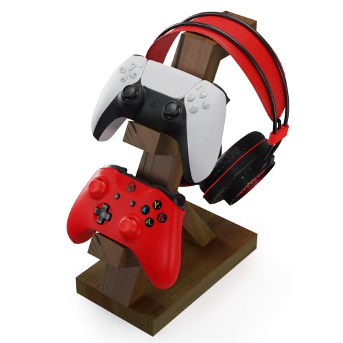 PAP Products Wooden Controller Stand with Headphone Holder, Game Controller Holder, Video Game Controller Holder, Controller Holder for Desk, Controller & Headset Stand, Wooden Headphone Stand