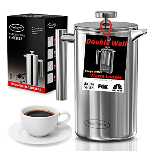 SterlingPro French Press Coffee Maker (1.75L)-Double Walled Large Coffee Press with 2 Extra Filters-Enjoy Granule-Free Coffee, Stylish Rust Free Kitchen Accessory-Stainless Steel (Mirror)