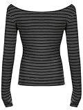 Stripe Shirts Women Y2K Long Sleeve Grunge T Shirt One Shoulder 90s Emo Top Deep Grey L