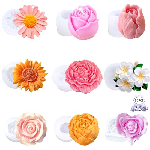 9 PCS Flower Candle Molds Rose Tulip Silicone Candle Mold Flower Shapes Moldes De Rosas Silicona para Velas for Soy Wax, Beeswax, Candle Making, Resin Craft