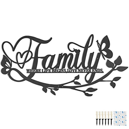 Family Where Life Begins Love Never Ends Word Sign Metal Wall Decor, 27x14in Large Black Iron Wall Art Plaque Decorations, Letters Quotes Wall Hanging Décor for Living Room Bedroom