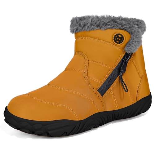 Little Kids Boys Girls Waterproof Winter Snow Boots Minimalist Barefoot Shoes Fur Lined Slip on Outdoor Anti-Slip Wide Width Cold Weather Shoes with Zip (Yellow, 34, 2.5 US Little Kid)