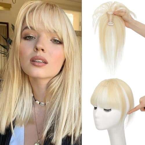 NAYOO Bangs Hair Clip 100% Real Human Hair Toppers 360°3D Cover Clip in Bangs Hair pieces Wispy Bangs for Women Hair Extensions Clip on French Bangs for Daily Wear(Light Blonde)