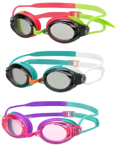 Hurley Kids Swimming Goggles – 3 Pack UV Protection Anti-Fog Leak Proof Kids Goggles - Adjustable Wakiki Swimming Accessories, Size Ages 8+, Hot Pink Lime/White Teal Orange/Teal Pink Purple