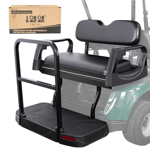 10L0L Golf Cart Rear Flip Seat for EZGO RXV - Custom Fit No Drill Installation, Padded Seat & Safety Grab Bar, Anti-Slip Pedals with Reflectors, Cup Holder Design
