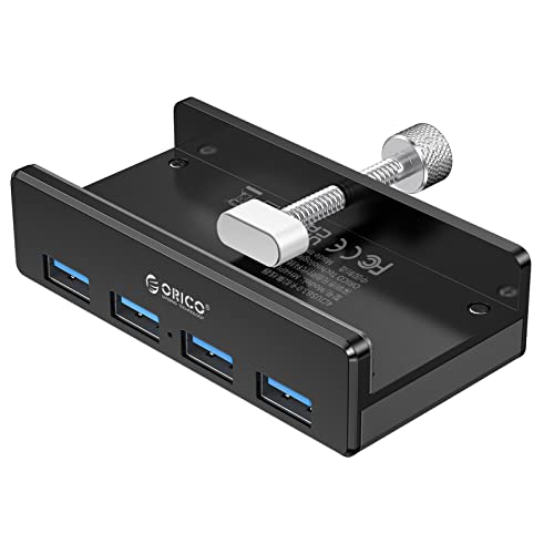 ORICO USB 3.0 Hub, USB Hub Clamp, Aluminum 4-Port USB Splitter with 4.92 FT USB Data Cable, Desktop Powered USB Hub for Monitors/Desks-Black (Without Power Adapter)