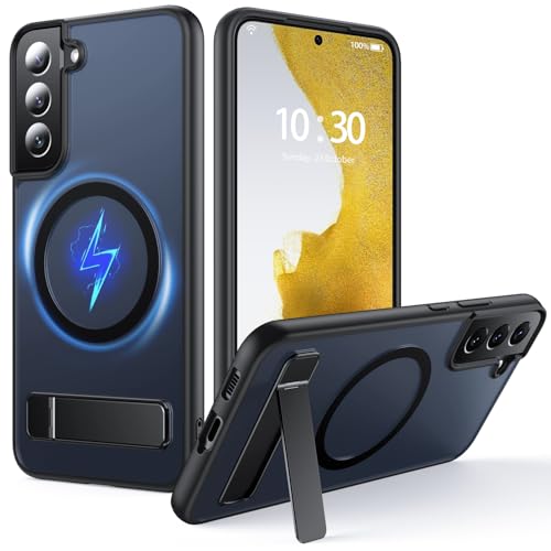 FNDMIL for Samsung Galaxy S22 Case with MagSafe [Adjustable Kickstand] [Charge While Standing] [Military Shockproof] Translucent Matte Soft Silicone Bumper for S22 Phone Case Slim, Black
