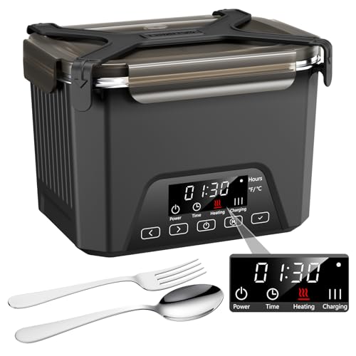 Cordless Electric Lunch Box, 1.2L Self Heating Lunch Box Battery Powered with Automatic Heating, BPA Free, Meal Prep Friendly (Black)