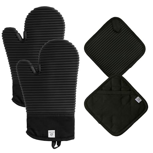 Black Silicone Oven Mitts and Pot Holders Sets | Heat Resistant Silicone Hot Pads & Kitchen Mittens Accessories for Baking | Pair of Oven Gloves & Potholders for Kitchens.