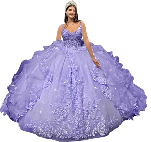 LuxeEspy Flowers Quinceanera Dresses Lavender Flowers Ball Gown with Tail Shiny Beaded 15 Dresses for Quinceanera Spaghetti Straps Sweet 16 Dress 4