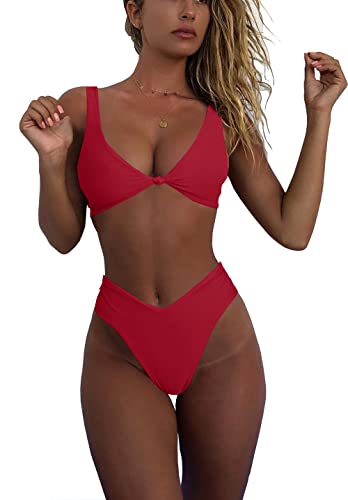 Women Sexy High Waisted Thong Bikini Sets Adjustable String Two Piece Swimsuits Push Up Bathing Suit Red L