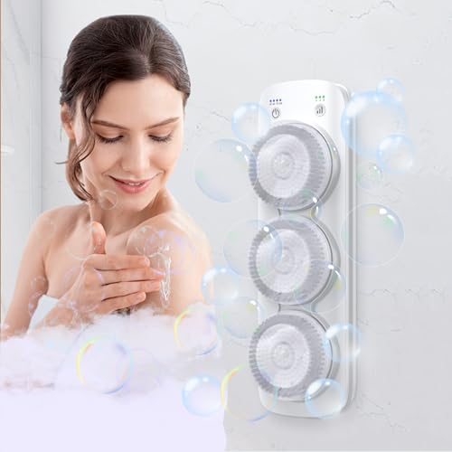 Electric Back Scrubber for Shower, Wall Mounted Electric Shower Back Scrubber, Dry Brushing Body Brush for Bathing, Cleansing, Exfoliating and Massaing, with 3 Spin Skin Bath Brush Heads