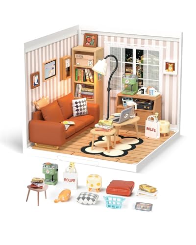 Rolife DIY Miniature Plastic House Building Set Toys Playset with LED Suitable for Mini Figures Construction Toys Diorama Kit Gifts for Teens Adults (Cozy Living Lounge)